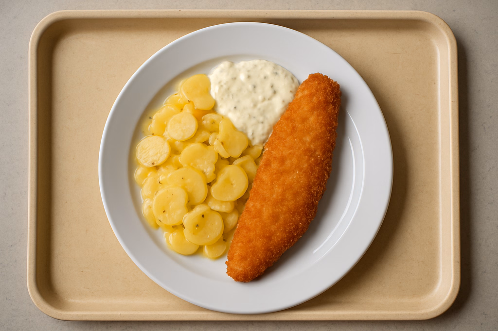 Seelachsfilet gebacken mit hausgemachter Remouladensoße Kartoffelsalat (AI Generated)