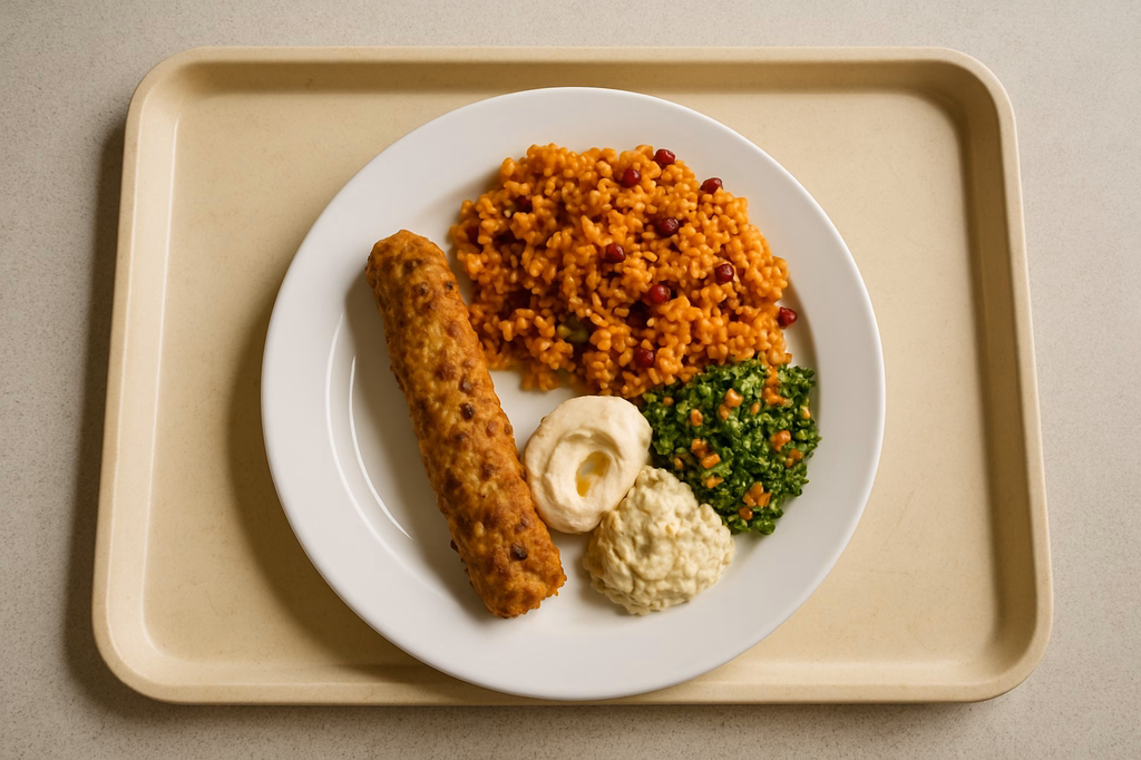 "Hatayli Mezze" orientalischer Vorspeisenteller mit Hähnchen-Kebab, Bulgur rote Linsen Salat mit Berberitze (AI Generated)