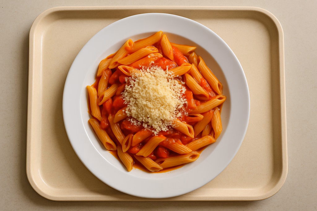 Penne "all Arrabbiata" in feuriger Tomaten- Peperonata-Soße & veganem Reibkäse (AI Generated)