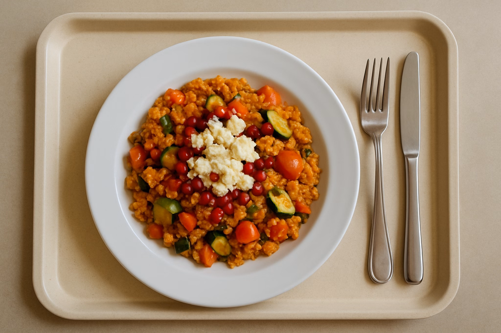 Levantinische Bulgurpfanne mit Gemüse, Granatapfelkernen & Hirtenkäse (AI Generated)