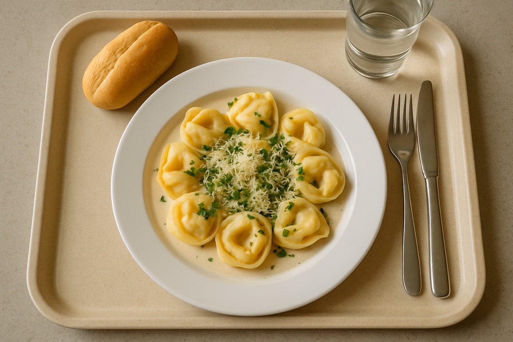 Käsetortelloni in Sahnesoße mit frischen mediterranen Kräutern und geriebenem Gran Moravia (AI Generated)