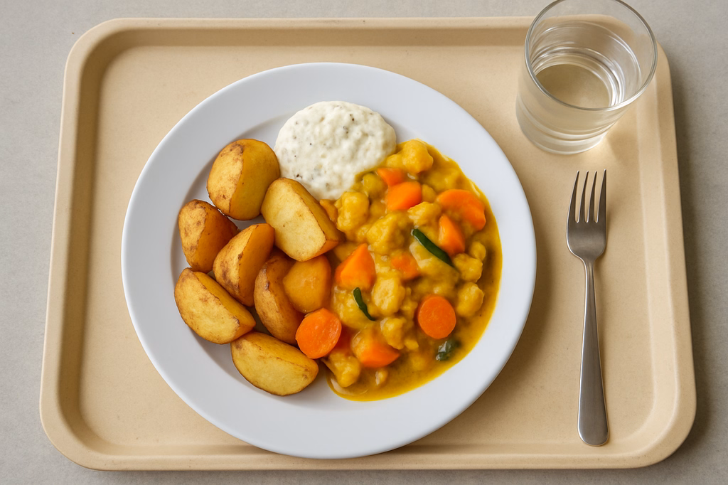 mensaVital: Ofenkartoffeln mit Kräuterdip und Currygemüse (AI Generated)