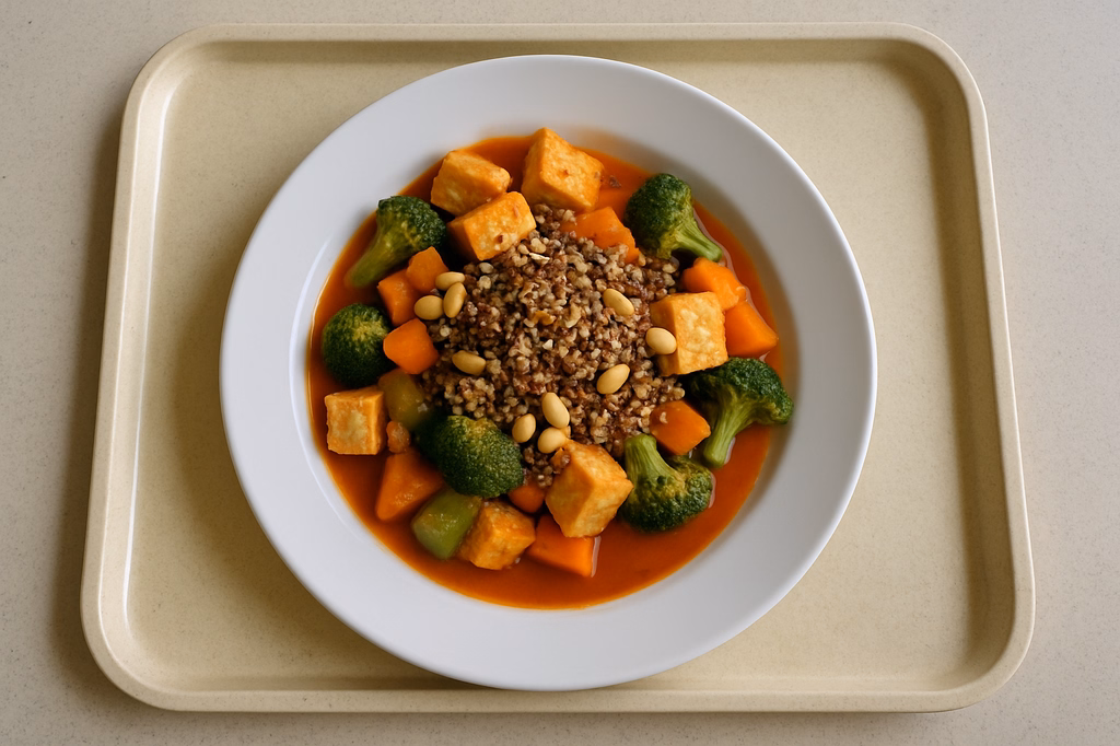 Protein - Gemüsepfanne mit Tofu, weißen & roten Quinoa, Erdnüssen und pikante mauretanische Harissasoße (AI Generated)