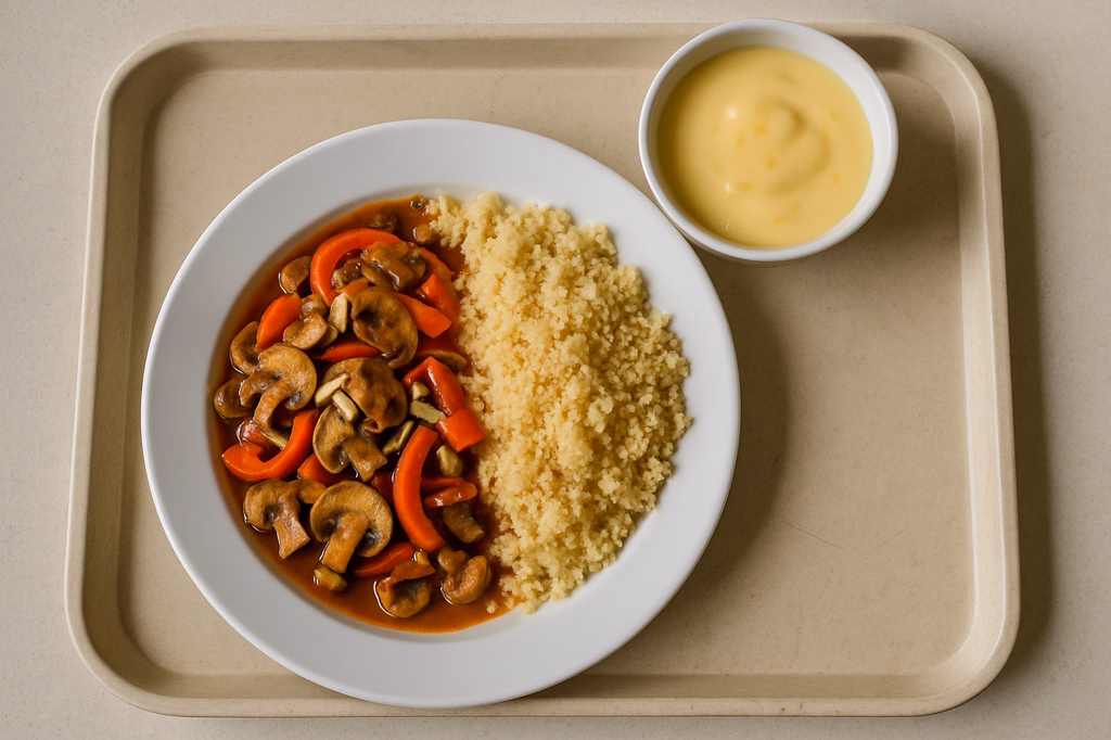 mensaVital: Feurige Pilzpfanne mit Paprika und Mandelstiften, dazu Couscous und Fruchtjoghurt Mango (AI Generated)