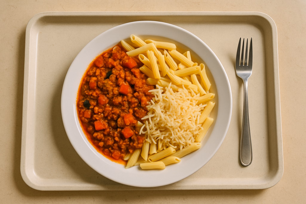 Pasta mit mediterraner Soja Gemüse Bolognese und veganem Reibkäse (AI Generated)