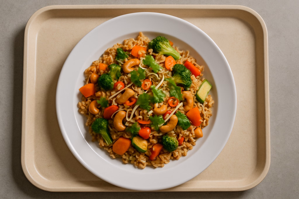 Gebratener Reis mit knackigen Wokgemüse, Cashewnuts, frischem Koriander, Chili und Sojasprossen (AI Generated)