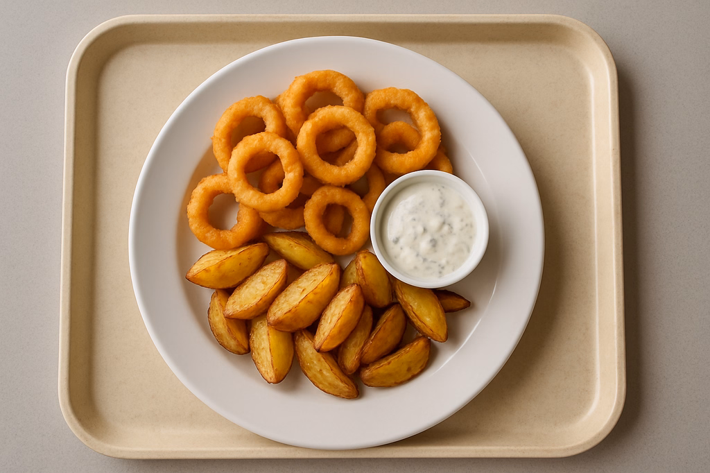 Gebackene Calamaris mit hausgemachtem Kräuter Knoblauchdip gebackene Patatas (AI Generated)