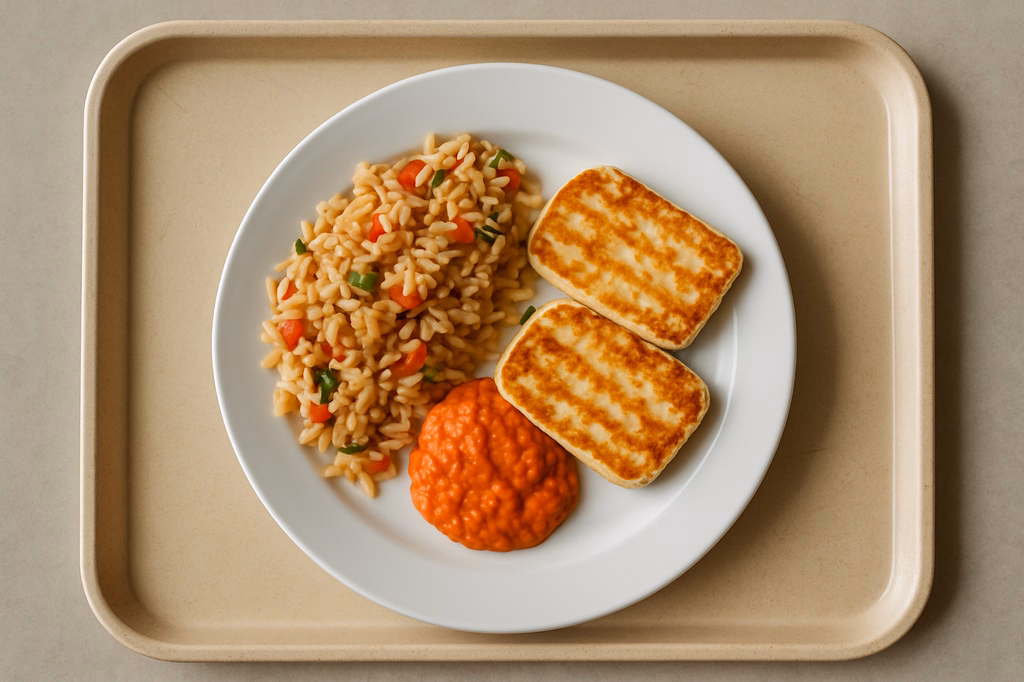 mensaVital: Gebratener Grillkäse mit Ajvarcreme und Kritharaki - Salat (AI Generated)