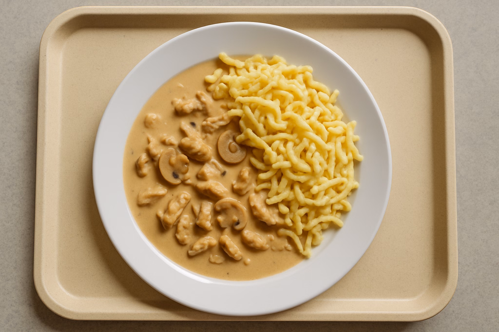 Geschnetzeltes von der Putenbrust in Champignionrahmsoße und Spätzle (AI Generated)