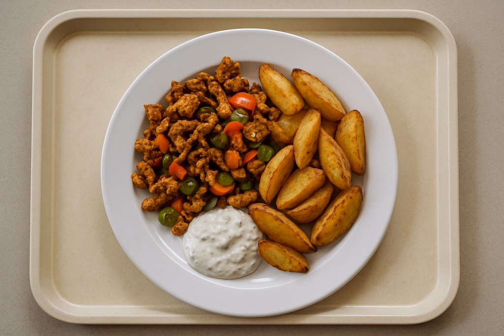 Sojagyros Gemüsepfanne gebackene Patatas mit hausgemachtem veganem Tsatsiki (AI Generated)