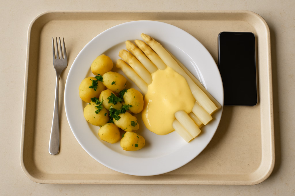 Frischer Spargel vom fränkischen Spargelbauer mit Hollandaise dazu Kartoffeln mit frischem Bärlauch (AI Generated)