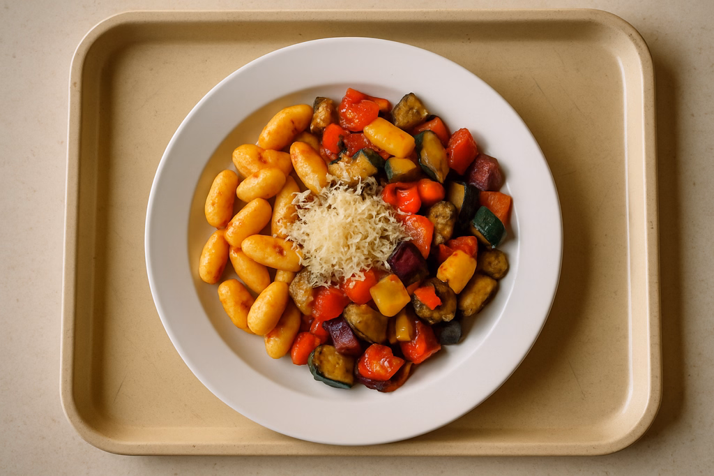 Kartoffelgnocchi aus der Pfanne mit mit mediterranem Grillegemüse, veganer Reibkäse (AI Generated)