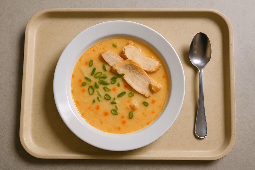 Thailändische "Tom Kha Gai" - sauer scharfe Kokossuppe mit Putenbrust (AI Generated)