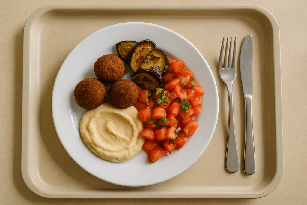 Falafel mit Hummus, Aubergine und Tomatensalat (AI Generated)