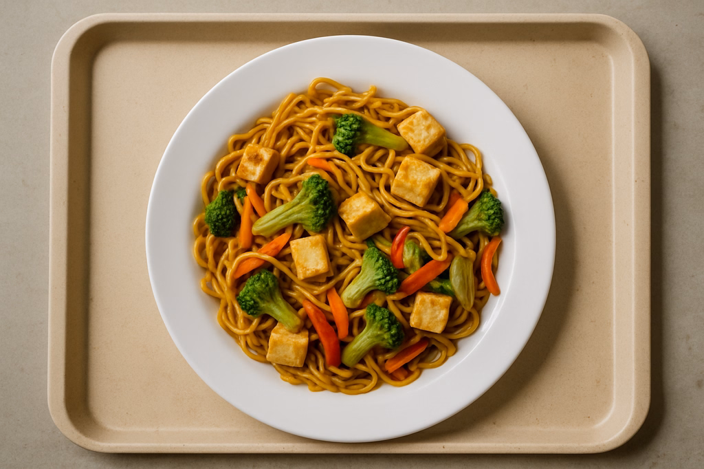 "Bami Goreng" gebratene Nudeln mit Tofu & frischen Gemüse (AI Generated)