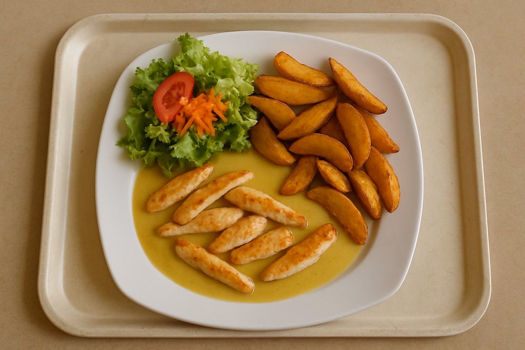 mensaVital: Gebratene Hähnchenbruststreifen in Honig-Senf-Soße, Wedges und Salat (AI Generated)