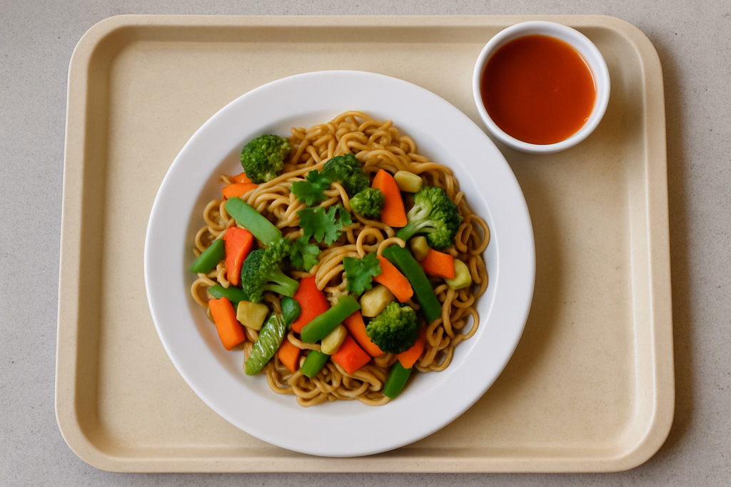 Asia Nudelpfanne mit frischem Gemüse & Koriander und Soße zur Auswahl Asia süß-saure Soße (AI Generated)